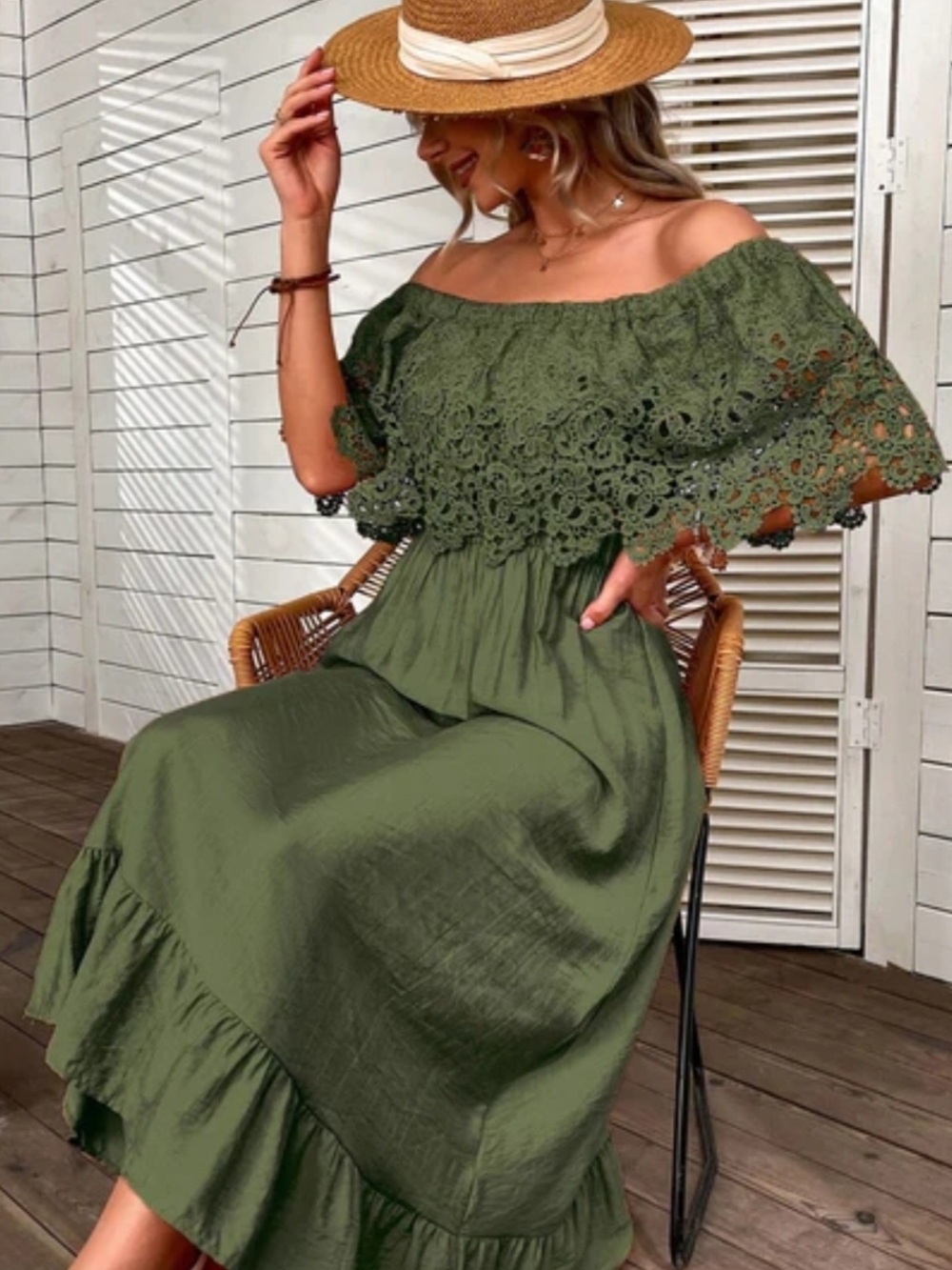 Anna-Kaci Army Green Off Shoulder Lace Crochet Midi Dress Boho Cottage Summer M